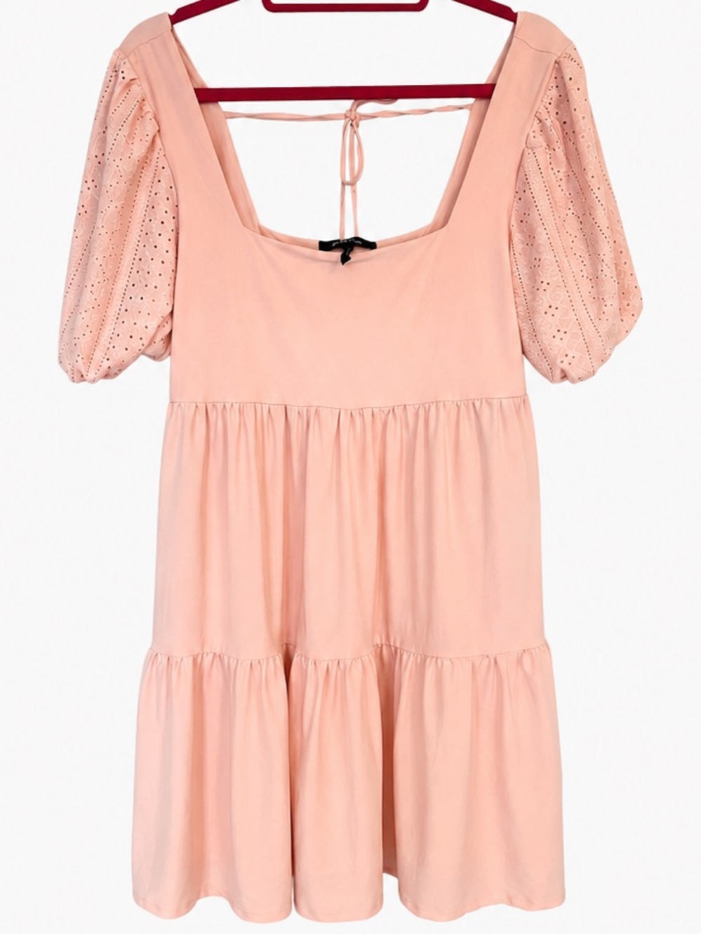 BCBG Paris Blush Pink Babydoll Mini Dress L Eyelet Puff Sleeve Coquette Tiered